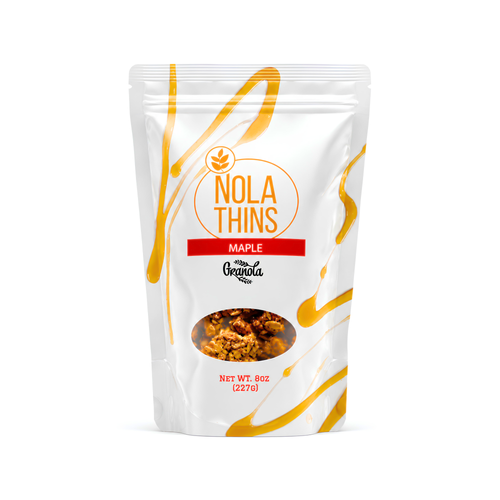 Gluten-free vegan small-batch granola with pure maple syrup and golden clusters. A white standup pouch labeled “Nola Thins Maple” with granola visible through a window, maple drizzled lines as decoration, and net weight of 8 oz (227g) shown.