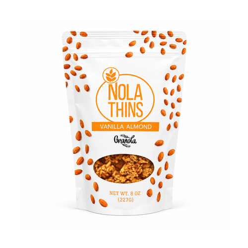 Nola Thins gluten-free vegan granola with Vanilla Almonds Granola in a white stand-up pouch with orange text and scattered almond illustrations, featuring a clear window showing the granola inside. 