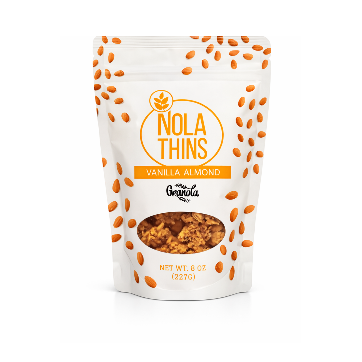 NolaThins Vanilla Almond Granola 8oz bag — gluten-free vegan granola with almonds, coconut flakes, and pure vanilla extract